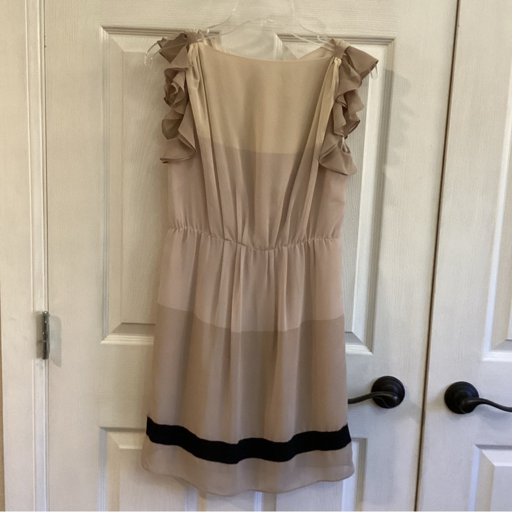 LOFT Cream Sleeveless Ruffle Shift Dress with Black Hem Stripe